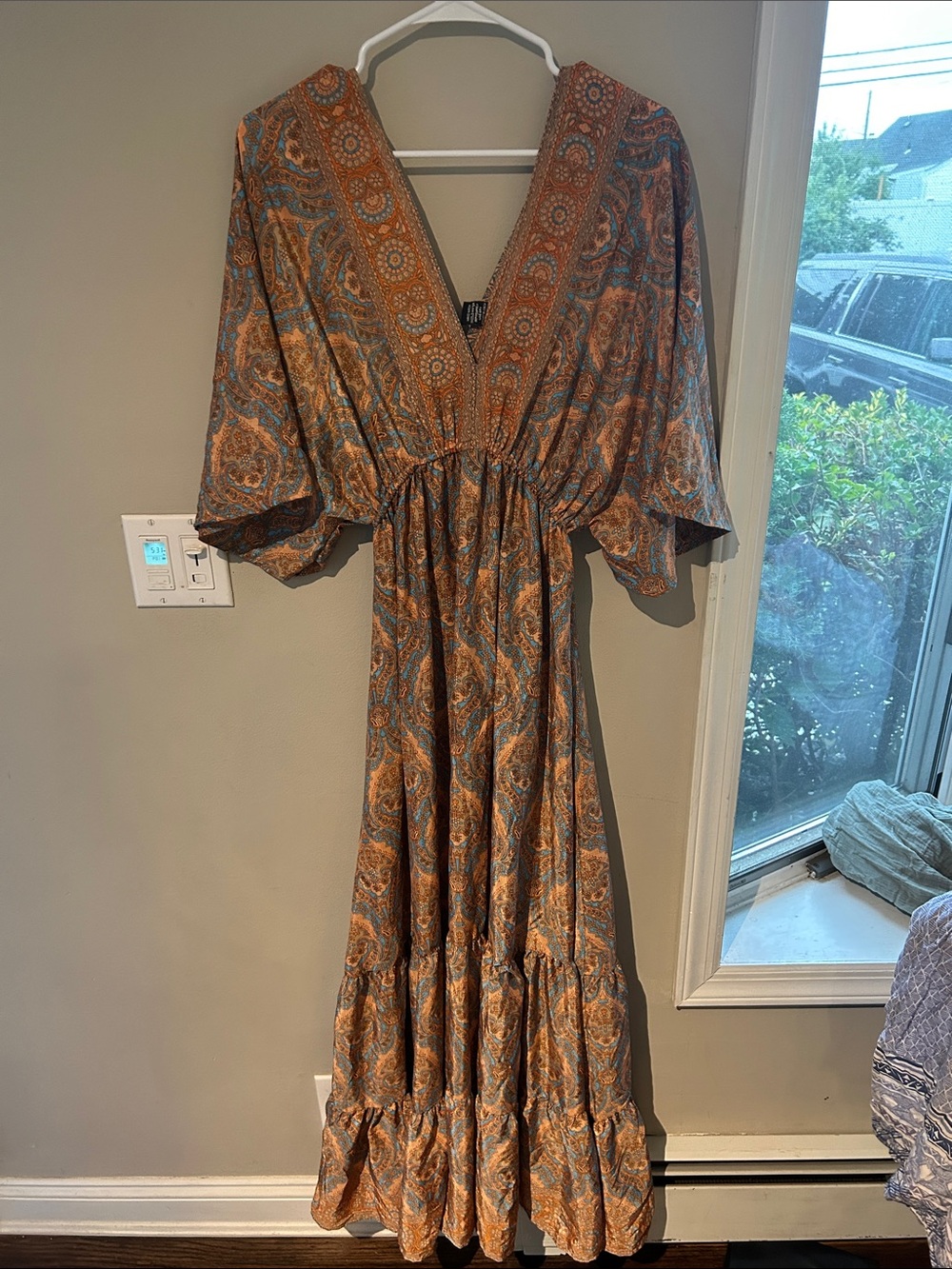 Zury Boho Paisley V-Neck Maxi Dress in Rust and Teal